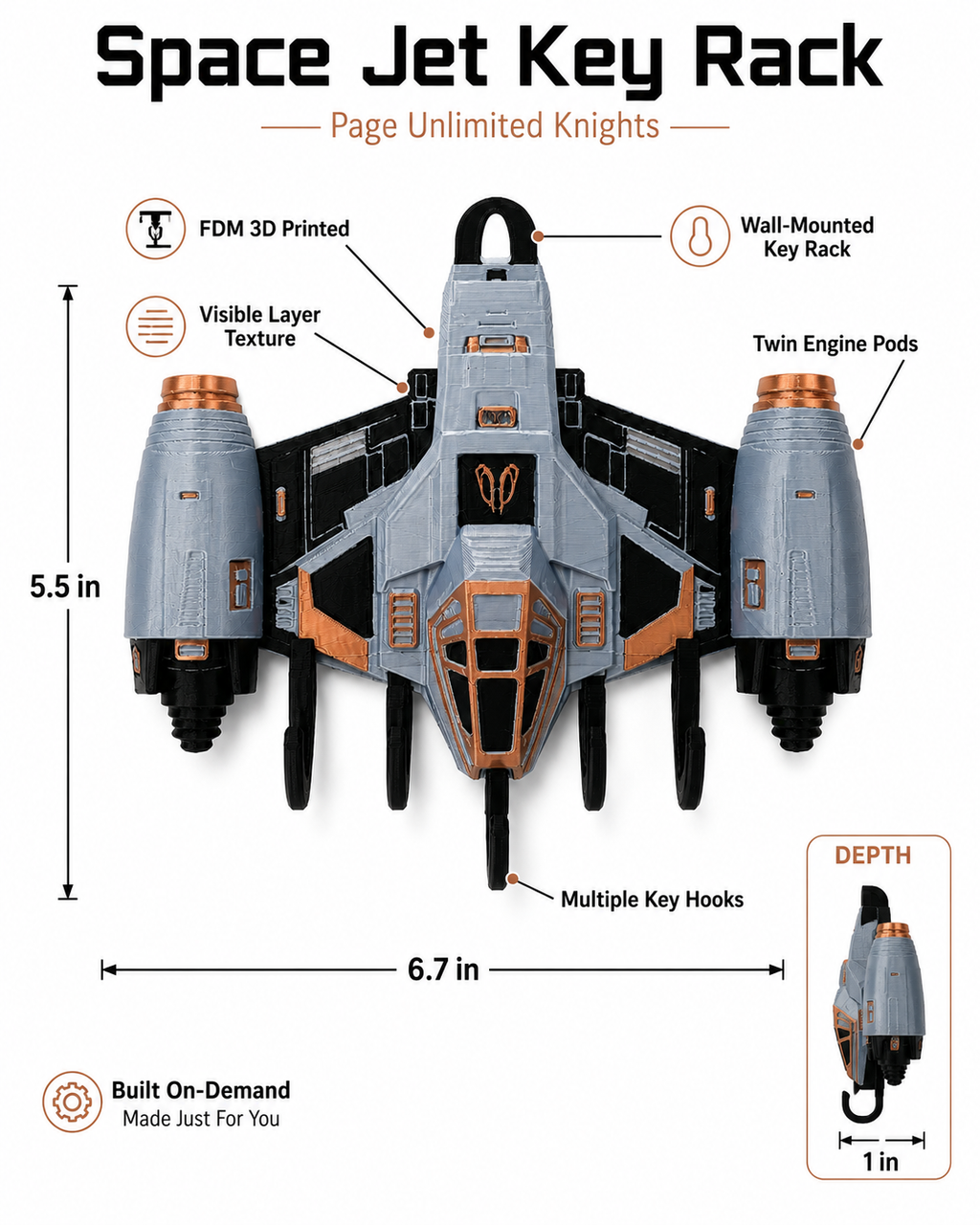 3D Printed Space Jet Key Holder Wall Mounted Key Rack Sci-Fi Home Decor