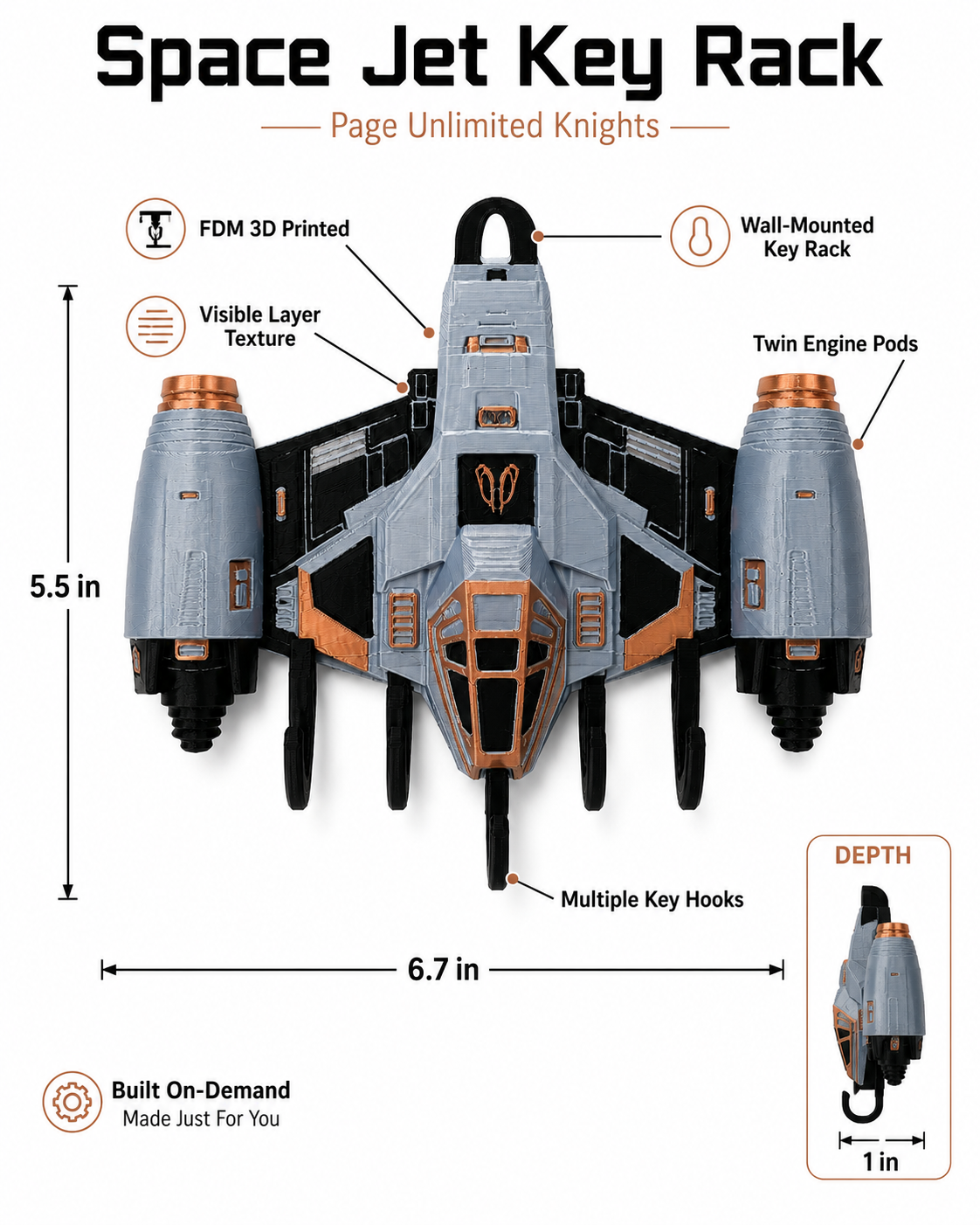 3D Printed Space Jet Key Holder Wall Mounted Key Rack Sci-Fi Home Decor