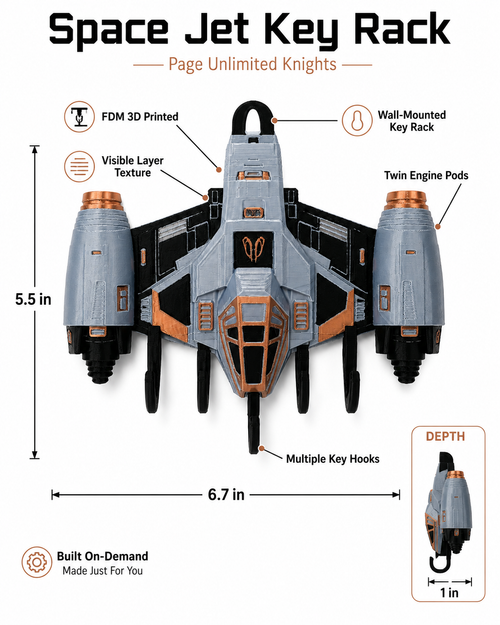 3D Printed Space Jet Key Holder Wall Mounted Key Rack Sci-Fi Home Decor