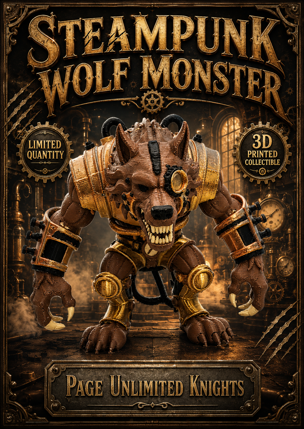 Steampunk Wolf Monster 7in 3D Printed Fantasy Figure PAGE UNLIMITED KNIGHTS